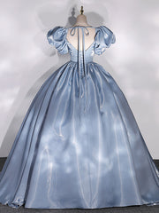 Ball Gown Puff Sleeves Blue Long Prom Dress Blue Sweet 16 Dress