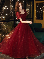 Burgundy A-Line Tulle Sequin Long Prom Dress Burgundy Tulle Formal Dress