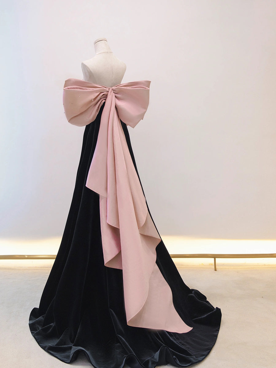 Black/Pink Velvet Long Prom Dress Black Long Formal Dress