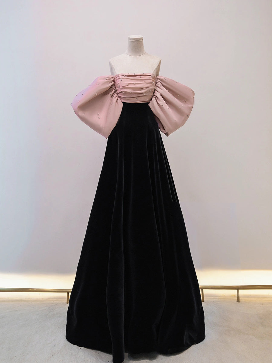 Black/Pink Velvet Long Prom Dress Black Long Formal Dress