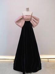 Black/Pink Velvet Long Prom Dress Black Long Formal Dress