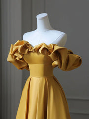 Yellow A-Line Satin Long Prom Dress Yellow Long Evening Dress