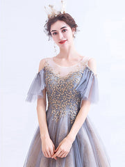 A-Line Scoop Neckline Gray Long Prom Dress Tulle Lace Evening Dress