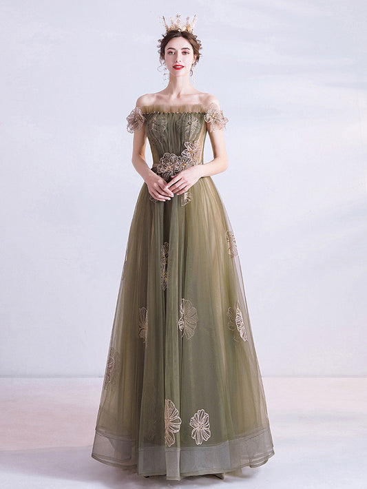 A-Line Green Tulle Long Prom Dress Green Formal Evening Dress