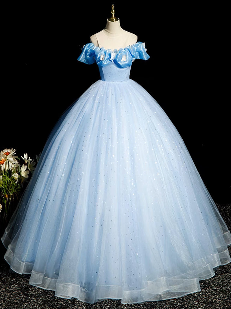 A-Line Off-Shoulder Tulle Blue Long Prom Dress Blue Long Formal Dress