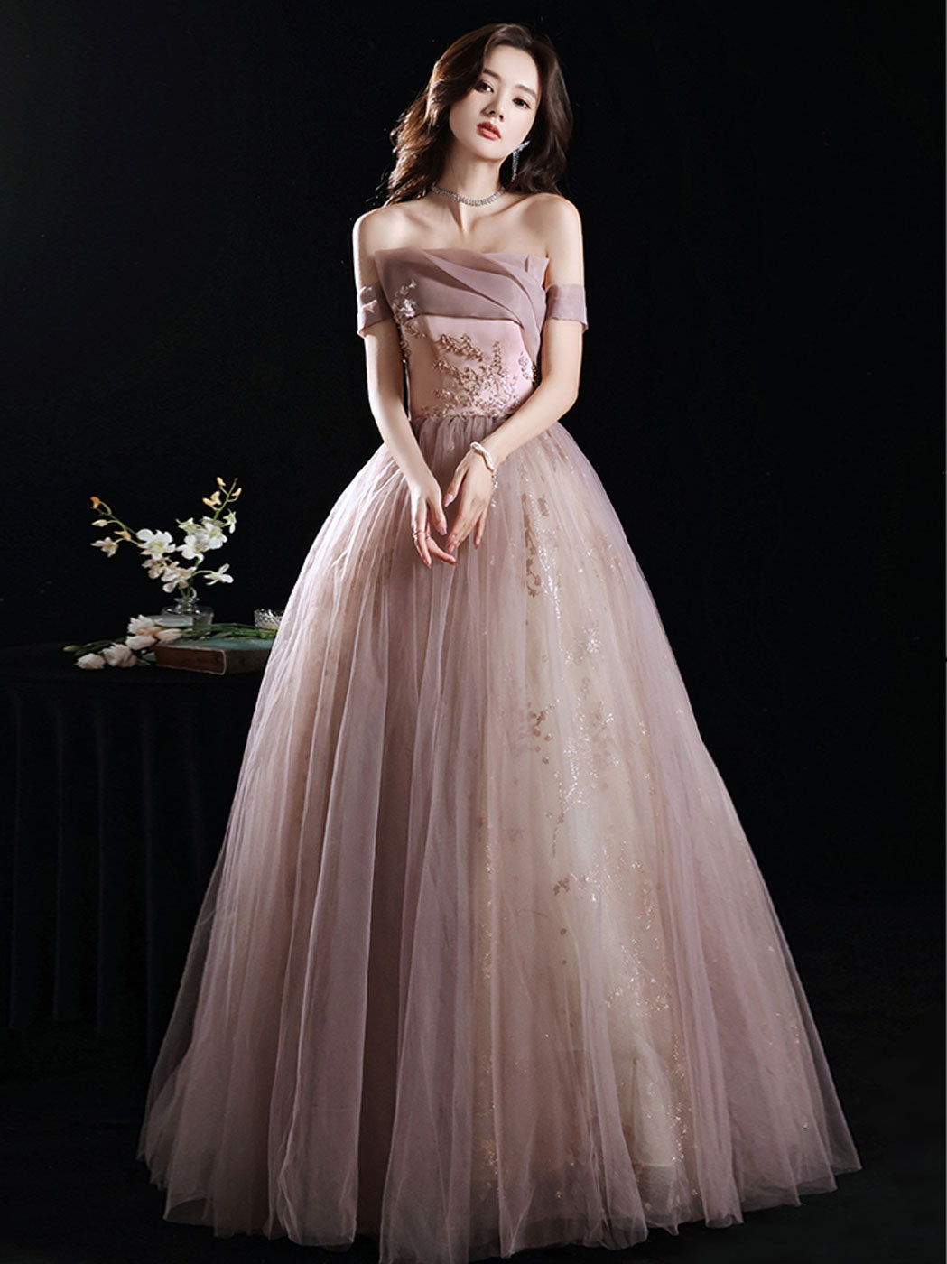 A-Line Pink Long Prom Dress Formal Pink Lace Graduation Dress with Sequin Lace Beading