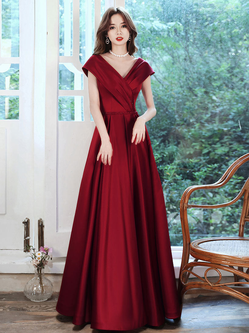 Burgundy V-Neck Satin Long Prom Dress Burgundy Evening Dress