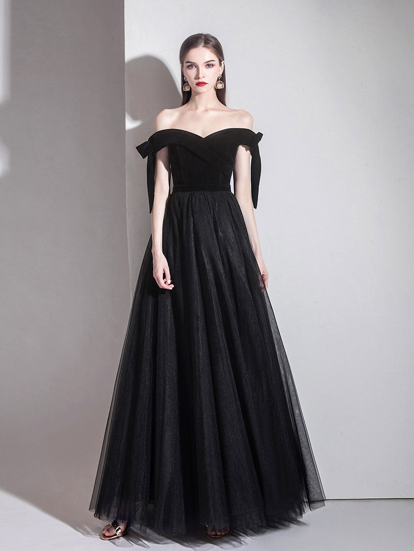 Simple Black Off-Shoulder Tulle Long Prom Dress Black Evening Dress