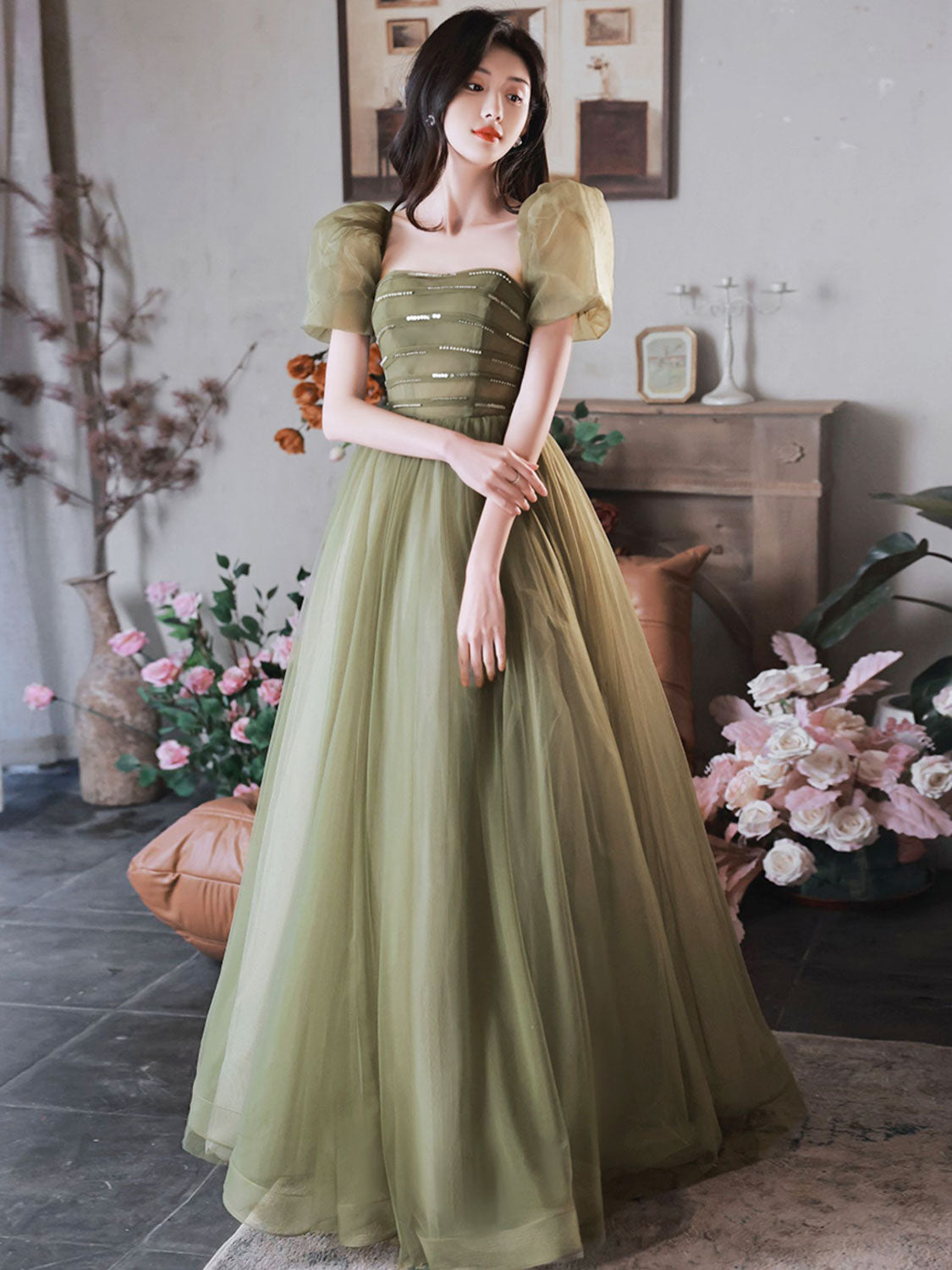 A-Line Green Sequin Tulle Long Prom Dress Green Formal Party Dress