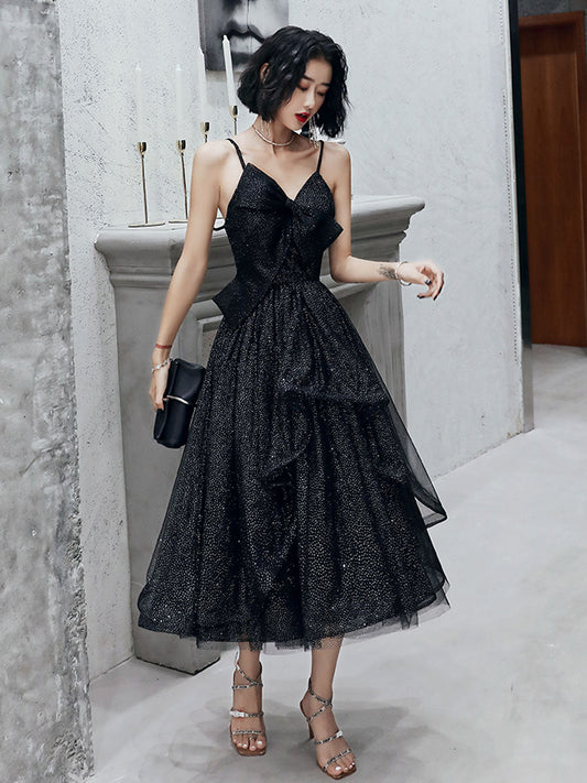 Simple V-Neck Black Tulle Short Prom Dress Black Party Dress