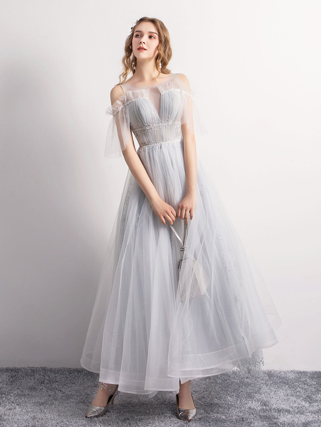 Gray A-Line Tulle Sequin Long Prom Dress Gray Tulle Formal Evening Dress