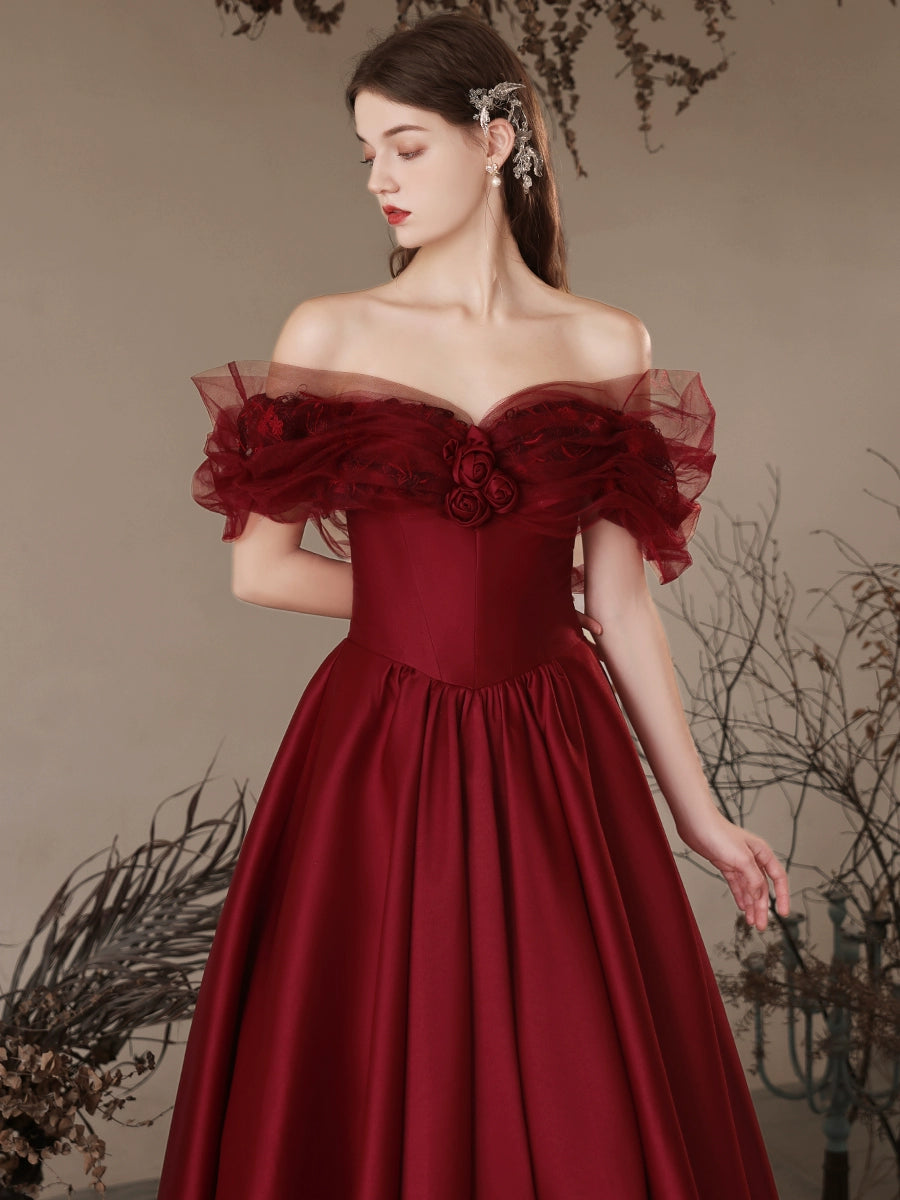 A-Line Off-Shoulder Satin Burgundy Long Prom Dress Burgundy Long Formal Dress