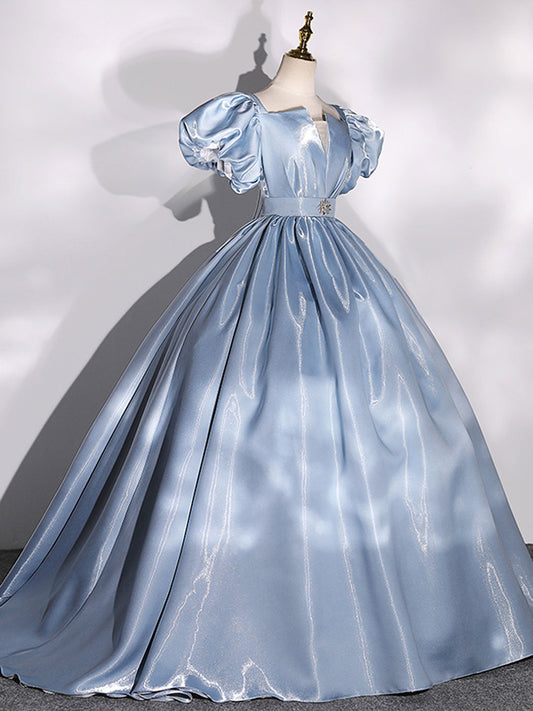 Ball Gown Puff Sleeves Blue Long Prom Dress Blue Sweet 16 Dress