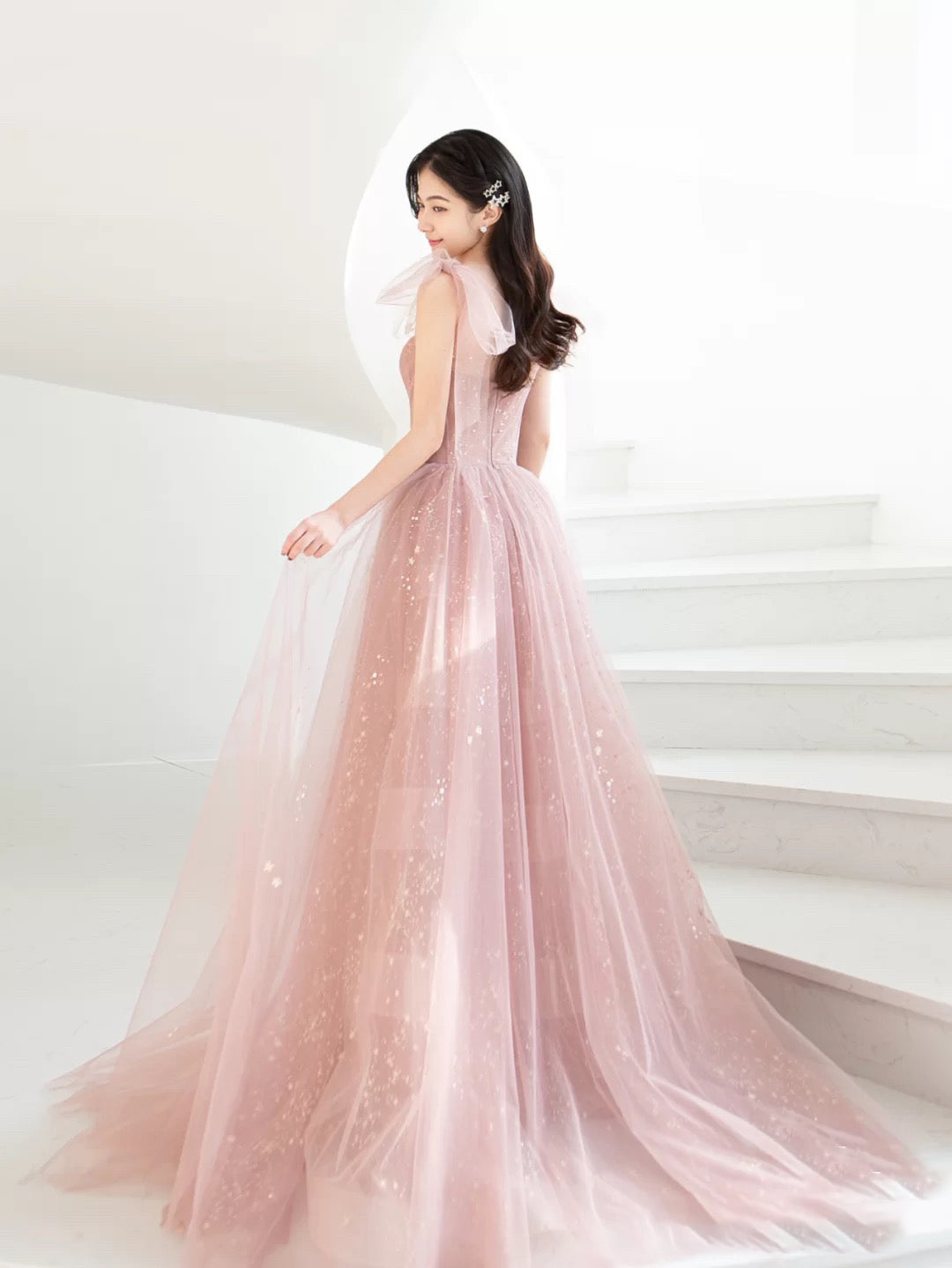 Pink A-Line Tulle Long Prom Dress Pink Tulle Formal Dress