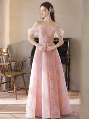 A-Line Tulle Lace Off-Shoulder Pink Long Prom Dress Pink Lace Long Graduation Dress