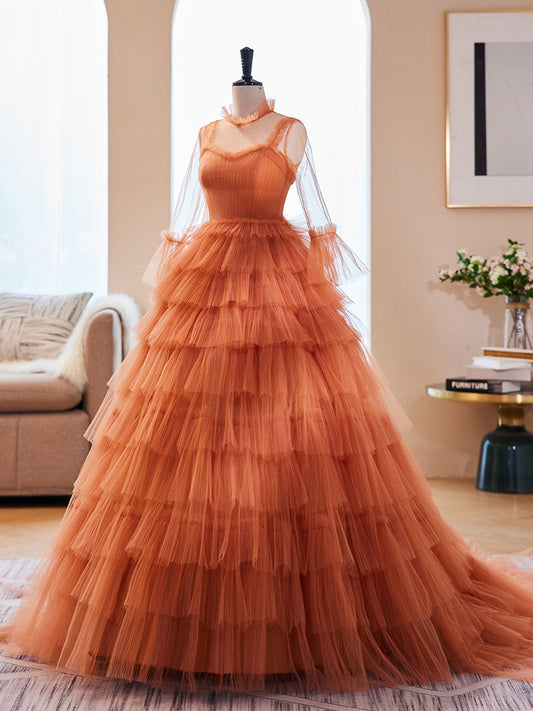 Unique High Neck Tulle Long Prom Dress Orange Formal Evening Dress