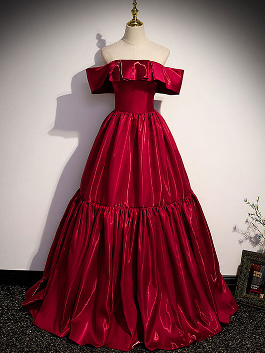 Simple Burgundy Off-Shoulder Satin Long Prom Dress Burgundy Evening Dress