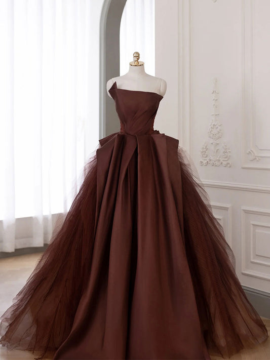 Brown Satin Tulle Long Prom Gown Brown Long Formal Evening Dress