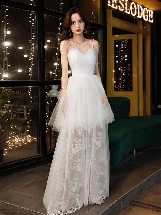 White Sweetheart Neck Tulle Lace Long Prom Dress White Formal Dress