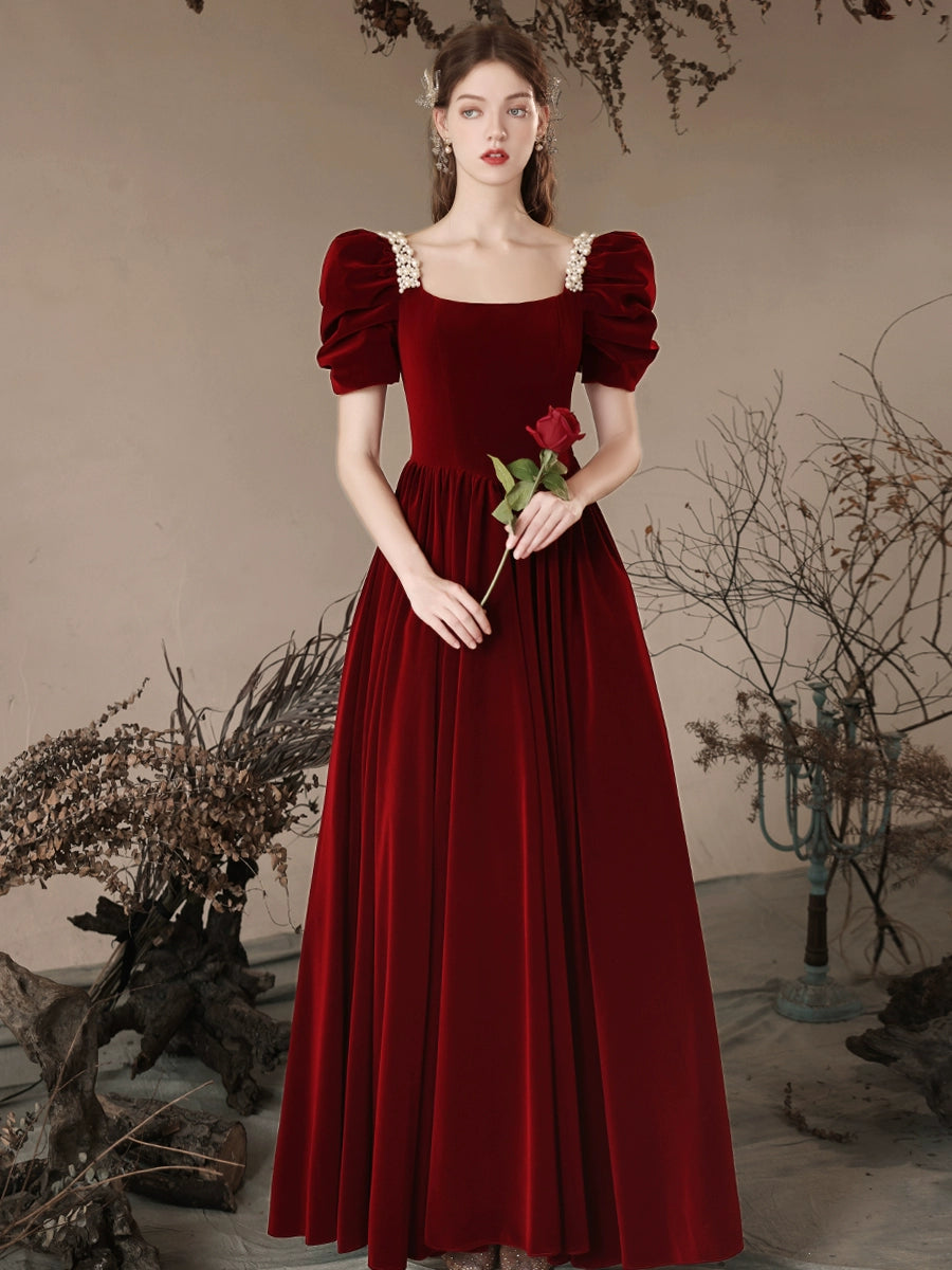 A-Line Velvet Burgundy Long Prom Dress Burgundy Long Formal Dress