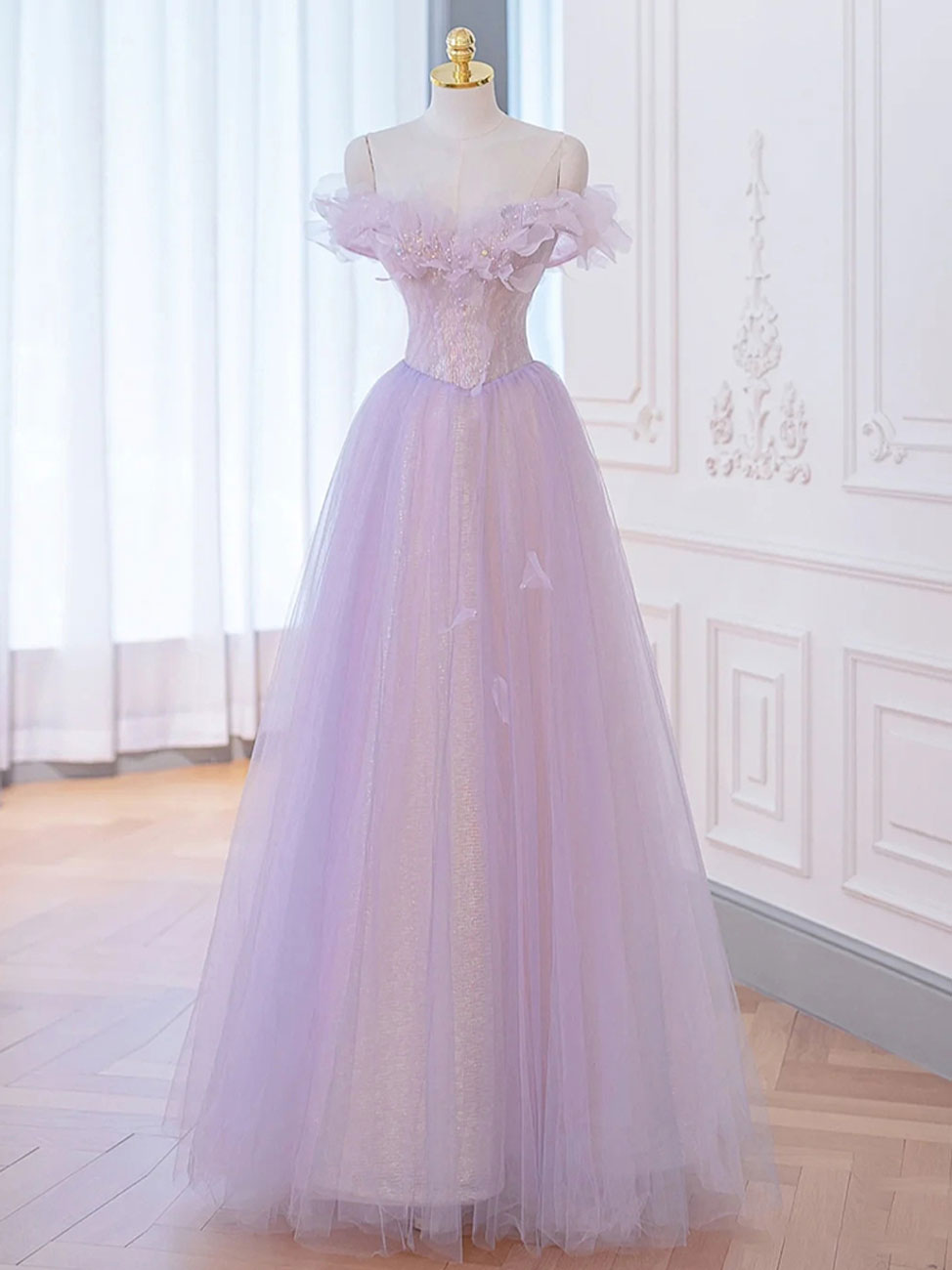 A-Line Purple Off-Shoulder Long Prom Dress Purple Formal Evening Dress