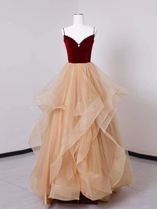 Champagne/Burgundy Long Prom Dress A-Line Tulle Formal Graduation Dress