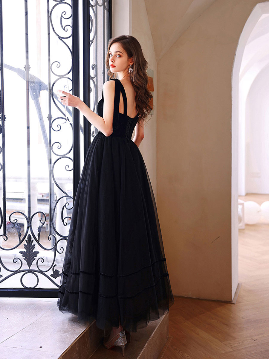 Black Sweetheart Neck Tulle Long Prom Dress Black Evening Dress