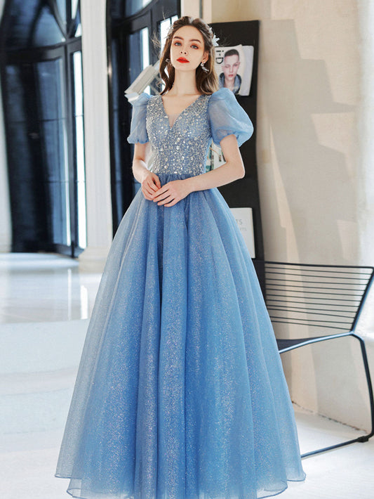 Blue A-Line V-Neck Sequin Tulle Long Prom Dress Blue Formal Evening Dress