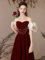 A-Line Sweetheart Neck Velvet Burgundy Long Prom Dress Burgundy Evening Dress