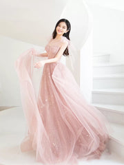 Pink A-Line Tulle Long Prom Dress Pink Tulle Formal Dress