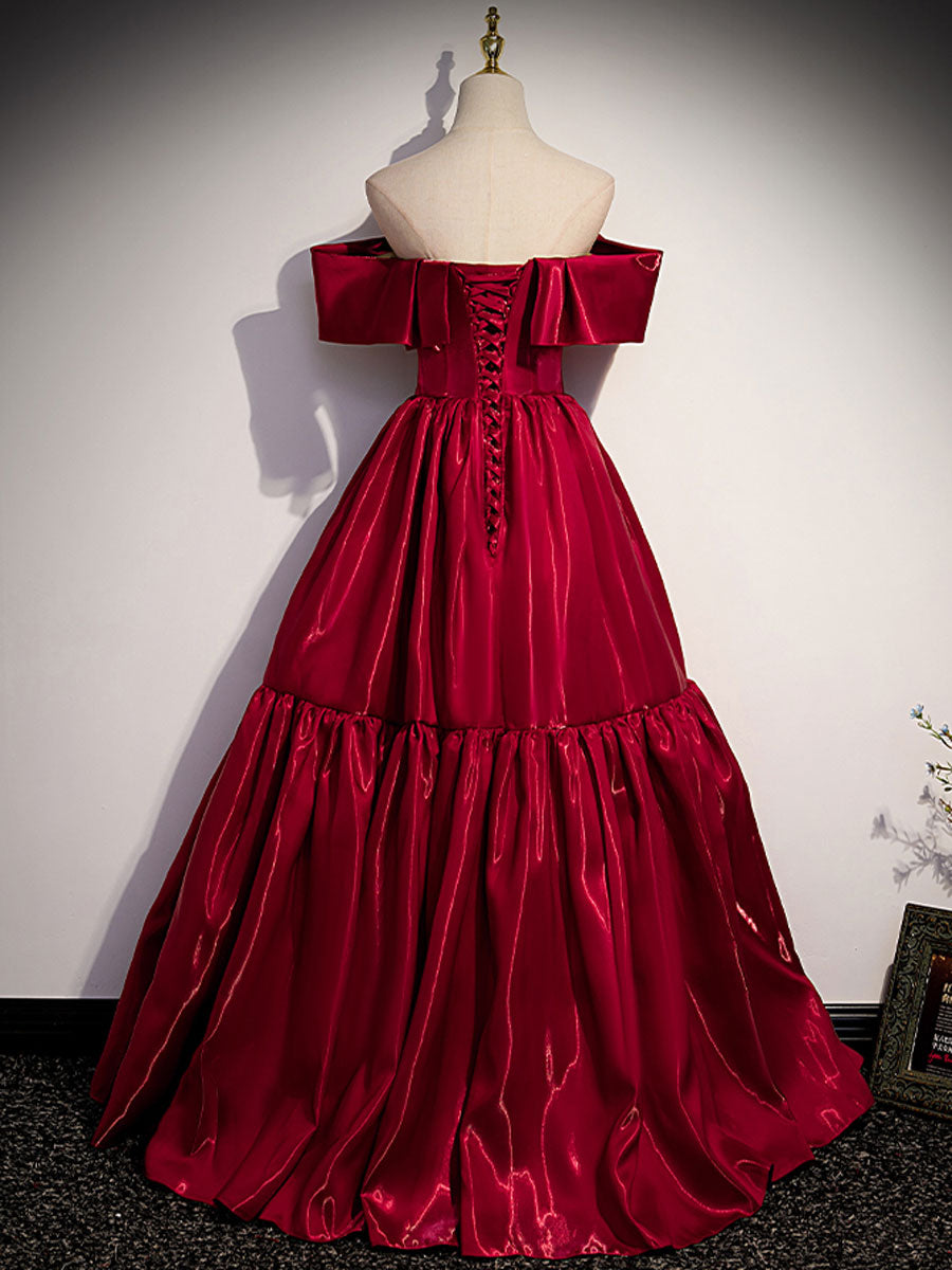 Simple Burgundy Off-Shoulder Satin Long Prom Dress Burgundy Evening Dress