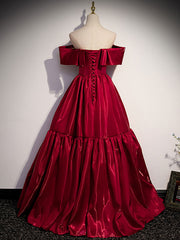 Simple Burgundy Off-Shoulder Satin Long Prom Dress Burgundy Evening Dress