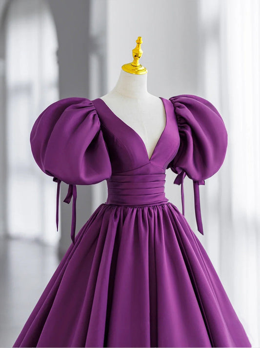 Purple V-Neck Satin Long Prom Dresses Purple Evening Dresses