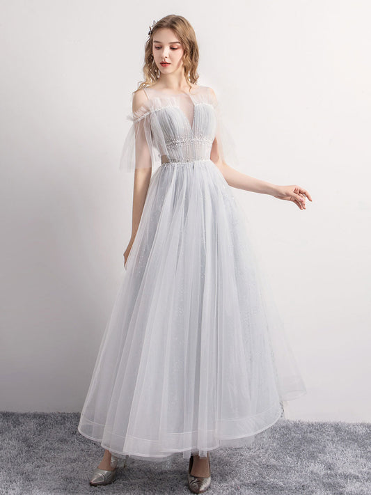 Gray A-Line Tulle Sequin Long Prom Dress Gray Tulle Formal Evening Dress