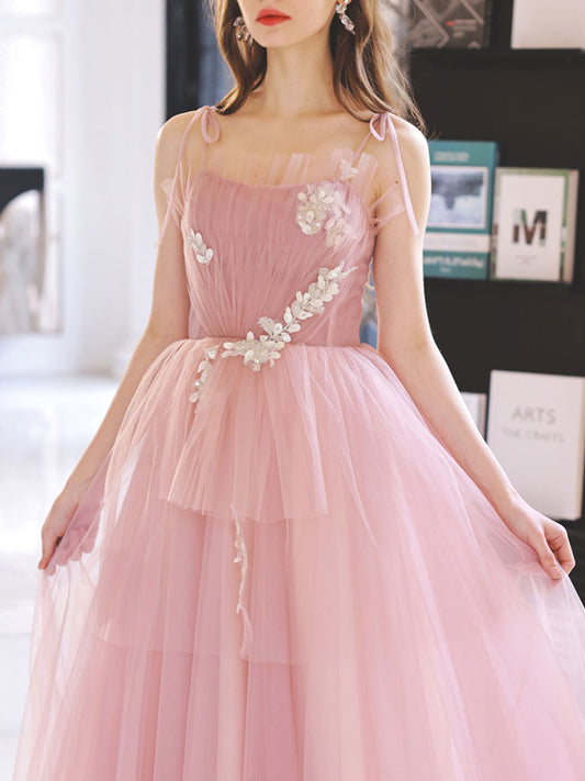 Pink Tulle Long Prom Dress Pink A-Line Tulle Lace Graduation Dress