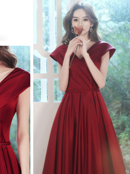 Burgundy V-Neck Satin Long Prom Dress Burgundy Evening Dress