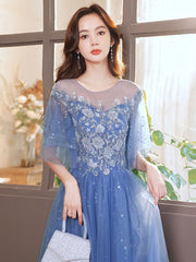 Blue A-Line Tulle Sequin Long Prom Dress Blue Formal Evening Dress