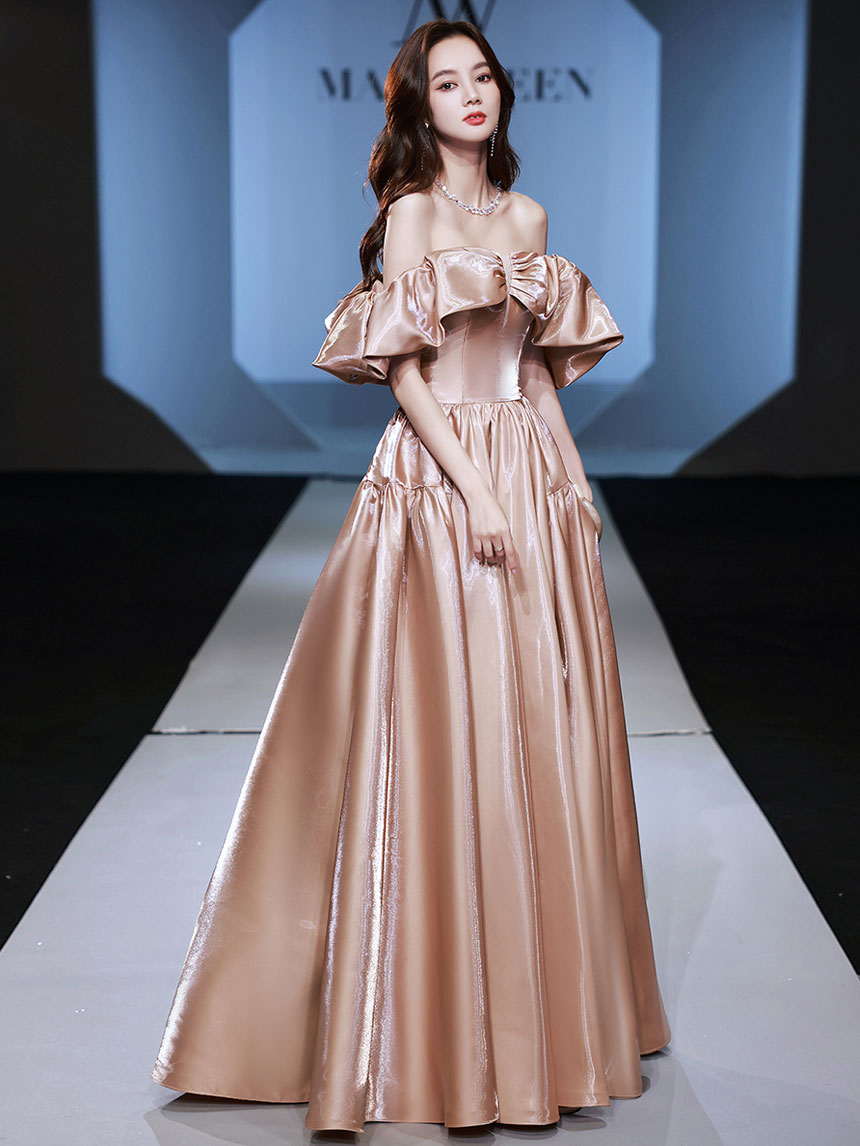 Simple Off-Shoulder Satin Long Prom Dress Champagne Evening Dress