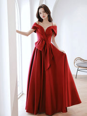 Burgundy Off-Shoulder Satin Long Prom Dress Burgundy Evening Dress