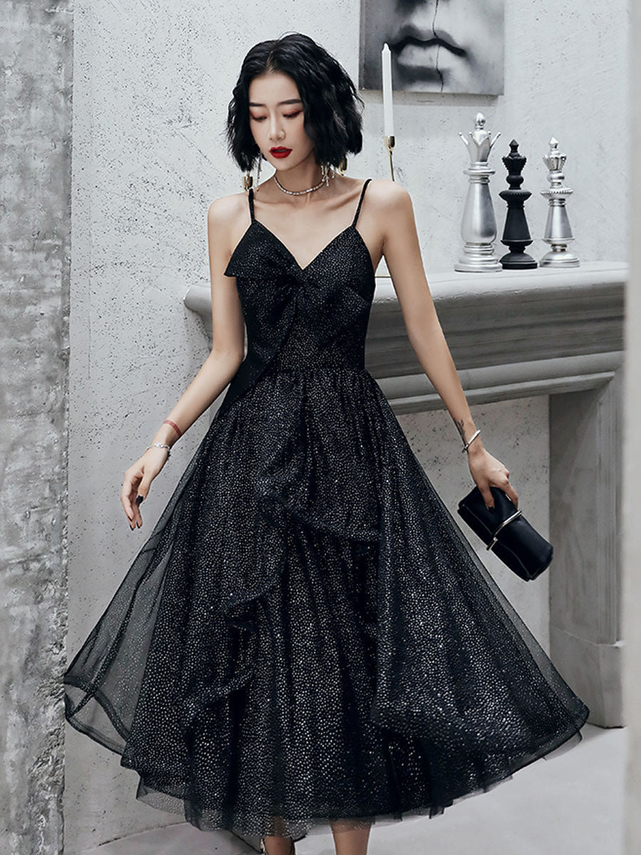 Simple V-Neck Black Tulle Short Prom Dress Black Party Dress