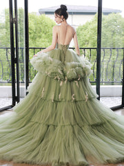 Green V-Neck Tulle Long Prom Dress Green Tulle Sweet 16 Dress