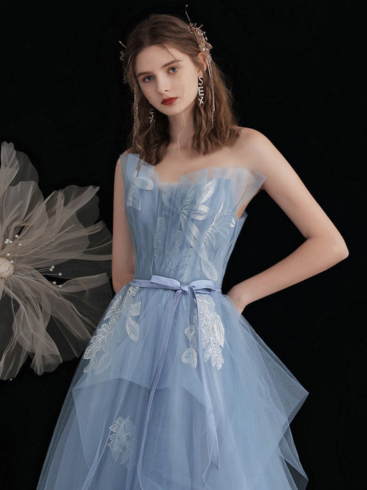 Blue Tulle Lace Long Prom Dress Blue Tulle Lace Evening Gown