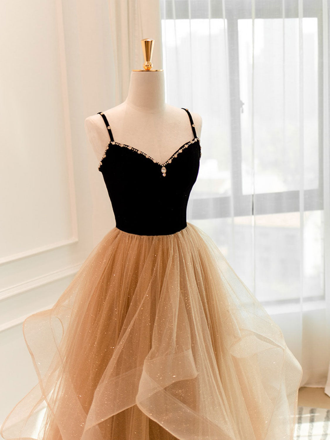 A-Line Champagne Tulle Long Prom Dress Long Evening Dress