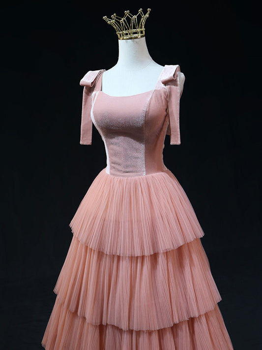 A-Line Pink Tulle Long Prom Dress Pink Formal Evening Dress