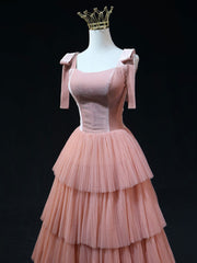 A-Line Pink Tulle Long Prom Dress Pink Formal Evening Dress