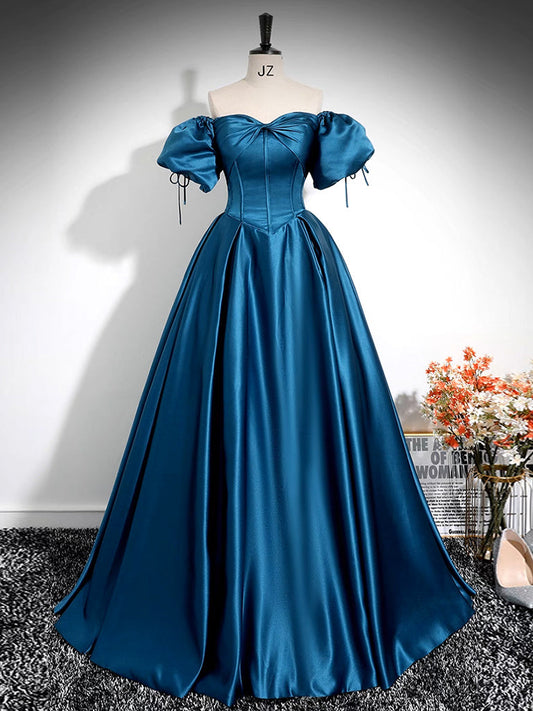 A-Line Puff Sleeves Satin Peacock Blue Long Prom Dress Peacock Blue Long Formal Dress