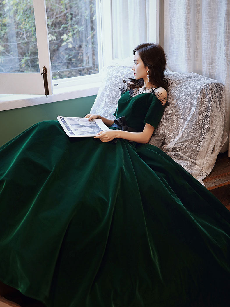 Green A-Line Velvet Long Prom Dress Green Evening Dress