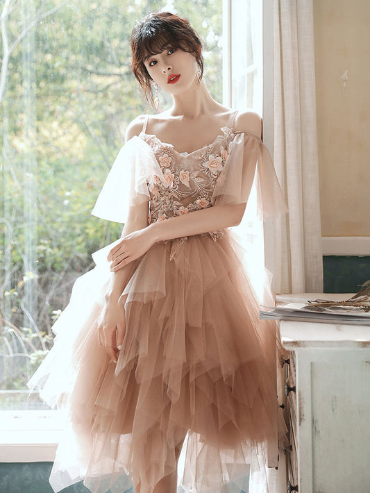 Champagne Tulle Lace Short Prom Dress Champagne Homecoming Dress