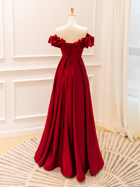 A-Line Off-Shoulder Satin Burgundy Long Prom Dress Burgundy Evening Gown