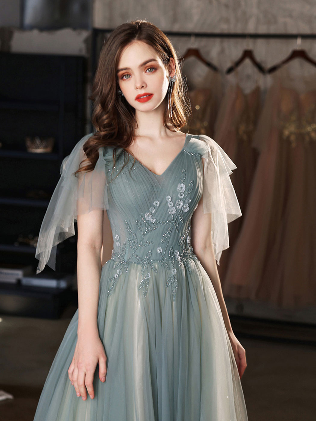 Green V-Neck Tulle Lace Long Prom Dress Green Tulle Formal Dress